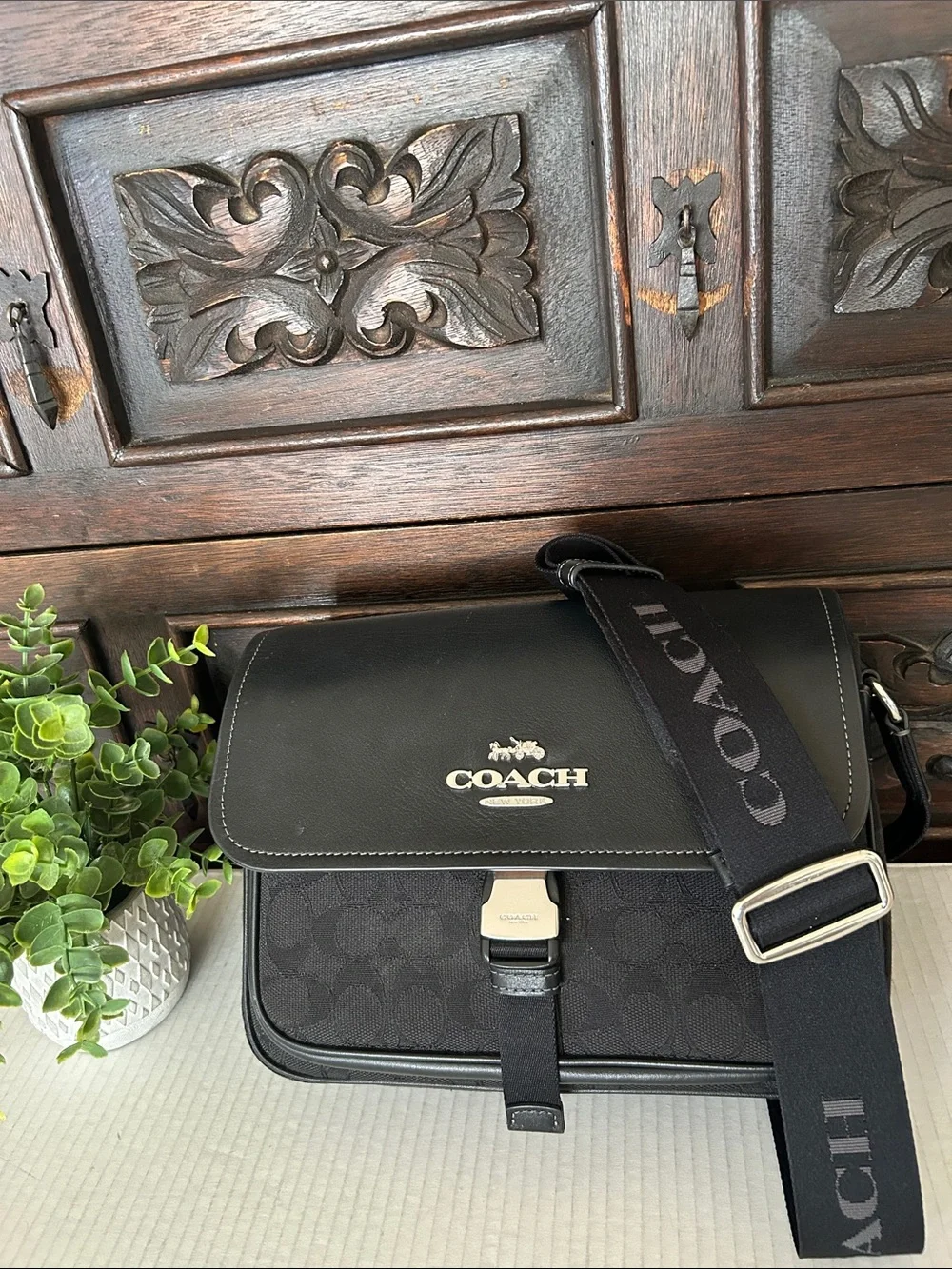 Coach Black Signature Messenger Bag with Branded Strap